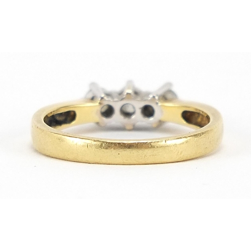 15 - 18ct gold diamond three stone ring, size J, 3.3g