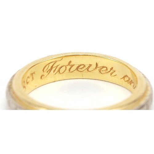 91 - 18ct two tone gold wedding band engraved forever and forever 13.7.02, size K, 6.2g