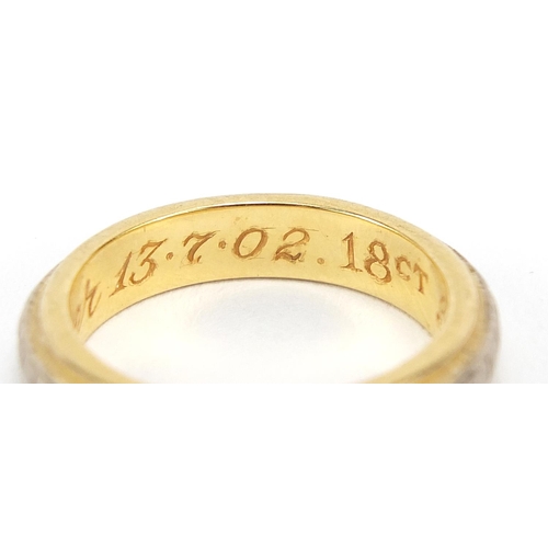 91 - 18ct two tone gold wedding band engraved forever and forever 13.7.02, size K, 6.2g