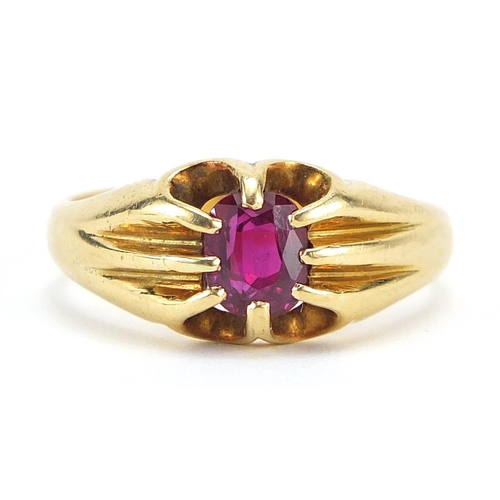 64 - 18ct gold pink stone ring housed in a Rye Goldsmiths box, size R, 6.8g