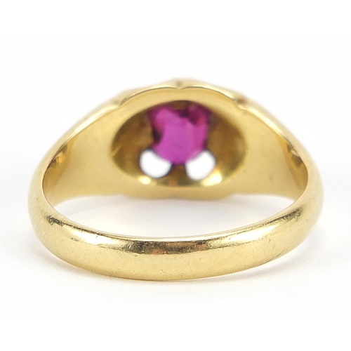 64 - 18ct gold pink stone ring housed in a Rye Goldsmiths box, size R, 6.8g