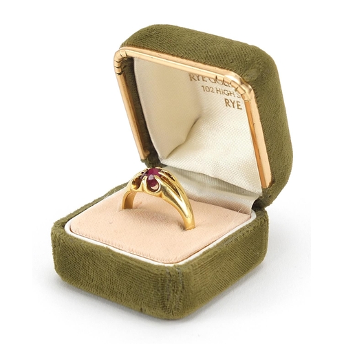 64 - 18ct gold pink stone ring housed in a Rye Goldsmiths box, size R, 6.8g