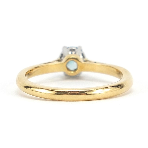 108 - 18ct gold and platinum blue stone solitaire ring, possibly aquamarine, size N, 3.5g