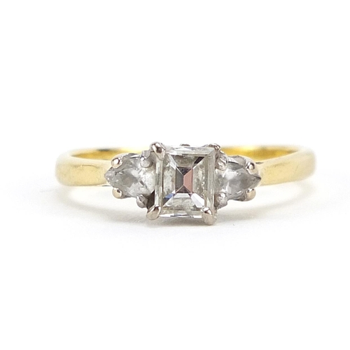 121 - 18ct gold square cut diamond ring, size K, 2.4g