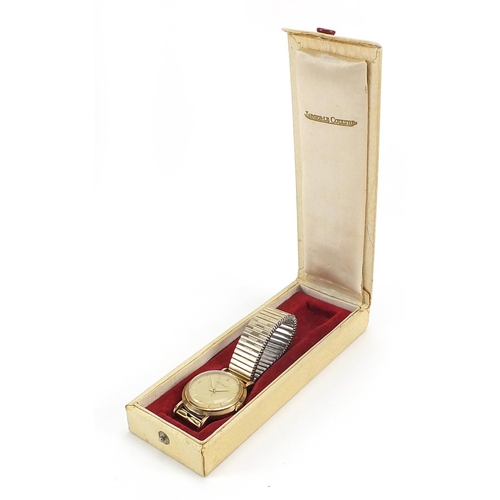 124 - Jaeger LeCoultre, vintage gentlemen's 9ct gold wristwatch with Barclay's Bank inscription box, the m... 