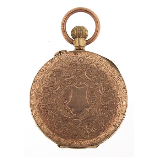 347 - Ladies 9ct rose gold pocket watch with ornate dial, 32mm in diameter, 22.5g