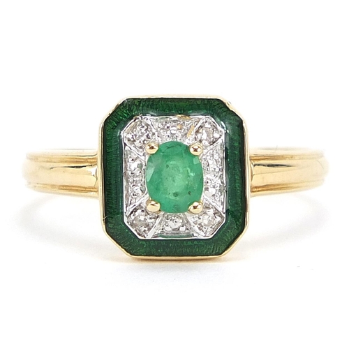 22 - Art Deco style 14ct gold emerald and diamond ring, size O, 2.6g