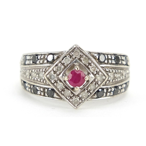 212 - Art Deco style 9ct white gold ruby, diamond and sapphire ring, size I, 2.7g