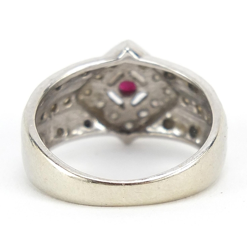 212 - Art Deco style 9ct white gold ruby, diamond and sapphire ring, size I, 2.7g