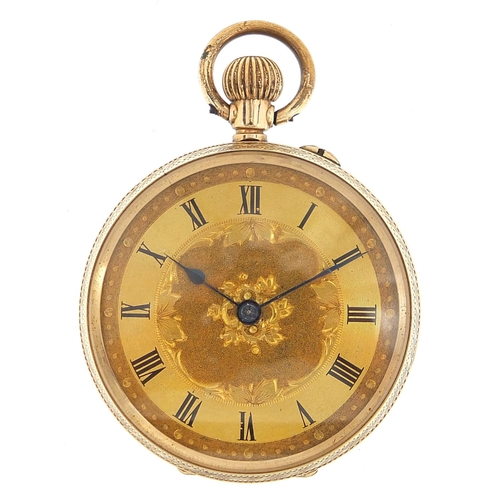 333 - Ladies 9ct gold open face pocket watch with ornate gilt dial, 32mm in diameter, 25.2g