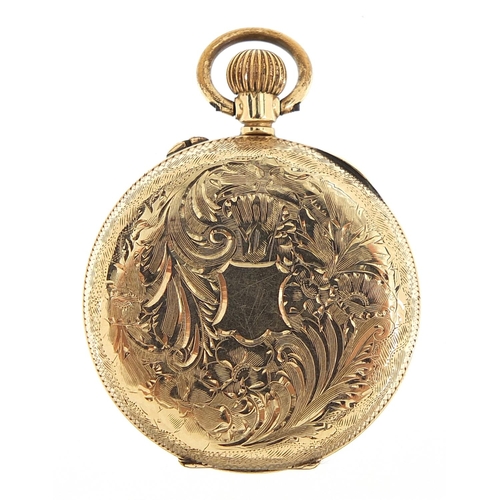 333 - Ladies 9ct gold open face pocket watch with ornate gilt dial, 32mm in diameter, 25.2g