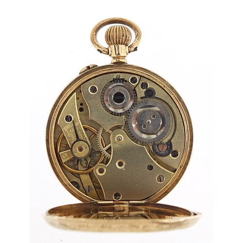 333 - Ladies 9ct gold open face pocket watch with ornate gilt dial, 32mm in diameter, 25.2g