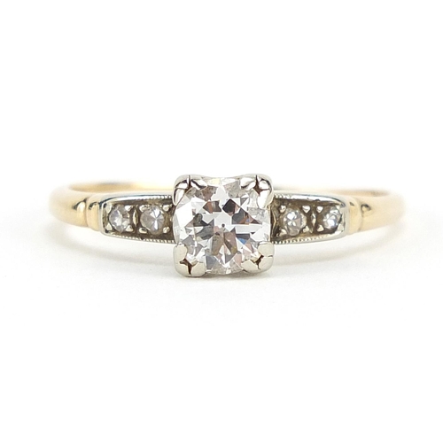 116 - 14ct gold diamond solitaire ring with diamond set shoulders, size L, 1.4g