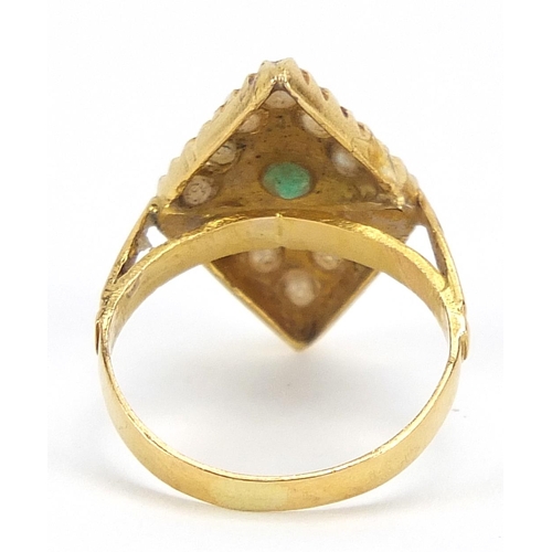 129 - Unmarked gold seed pearl and green stone marquis shaped ring, (tests as 9ct gold) size K, 3.7g