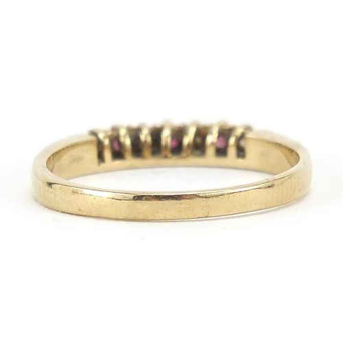 127 - 9ct gold pink and clear stone half eternity ring, size O, 1.7g