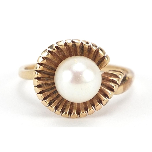 268 - Modernist 9ct gold pearl ring, size L, 3.3g