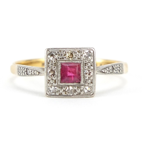 151 - Art Deco 18ct gold and platinum ruby and diamond ring, size M, 2.1g