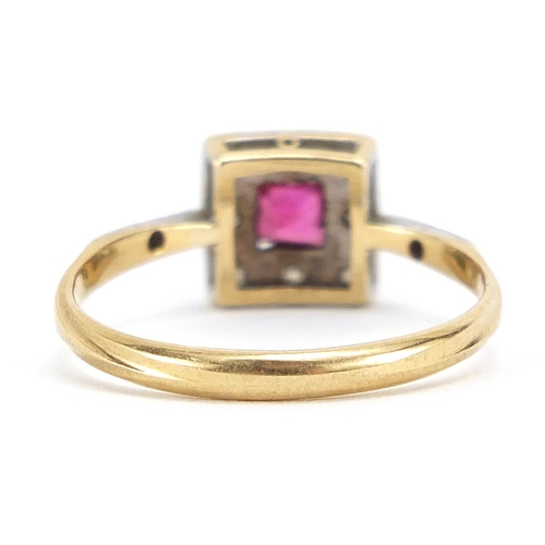 151 - Art Deco 18ct gold and platinum ruby and diamond ring, size M, 2.1g