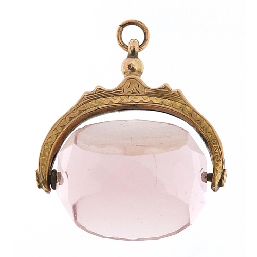 172 - Edwardian 9ct gold pink stone spinner fob, Chester 1909, 2.5cm wide, 7.8g