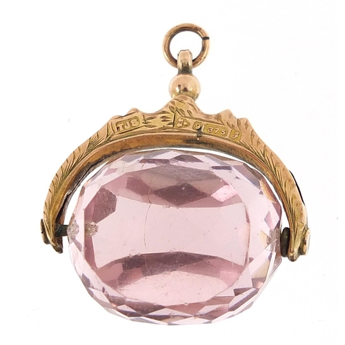 172 - Edwardian 9ct gold pink stone spinner fob, Chester 1909, 2.5cm wide, 7.8g