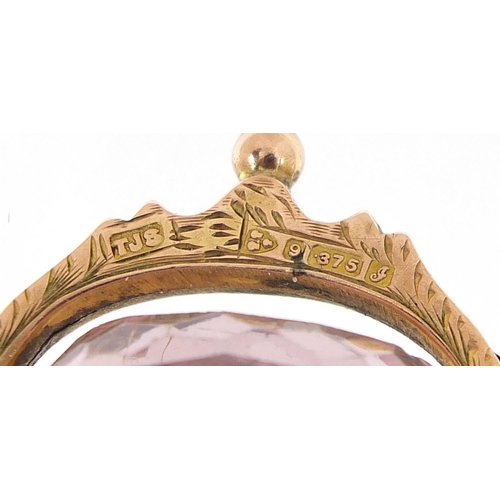 172 - Edwardian 9ct gold pink stone spinner fob, Chester 1909, 2.5cm wide, 7.8g