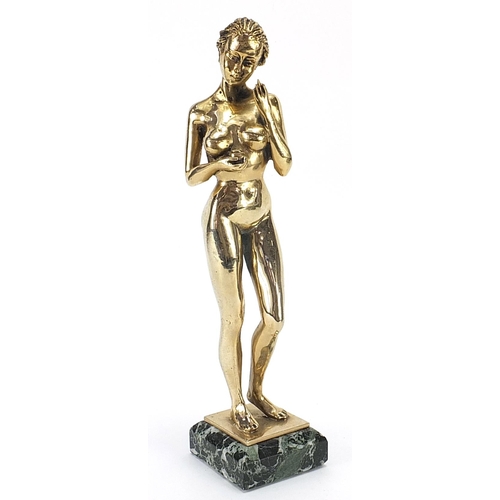 688 - Fondica, French brass sculpture of a standing nude female signed Hommier, raised on a square green m... 