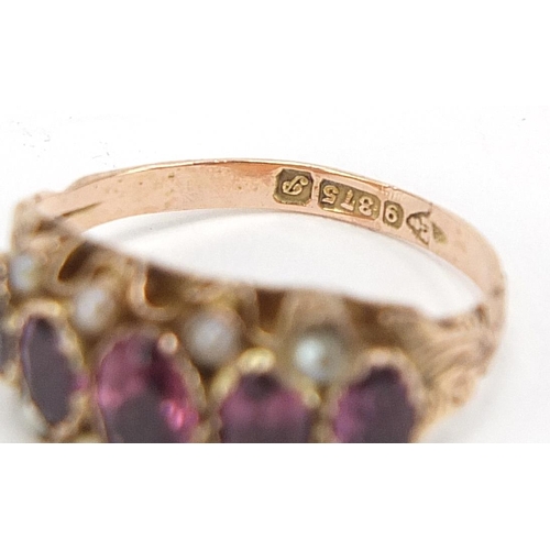 67 - Antique 9ct gold garnet and seed pearl ring with pierced setting and engraved band, Chester 1915, si... 