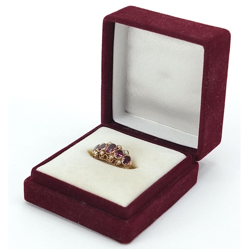 67 - Antique 9ct gold garnet and seed pearl ring with pierced setting and engraved band, Chester 1915, si... 