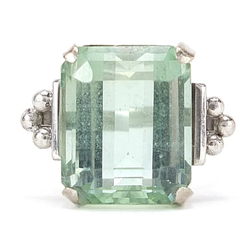 51 - 1970s Art Deco style 18ct white gold green stone ring, possibly green tourmaline, housed in a Freder... 