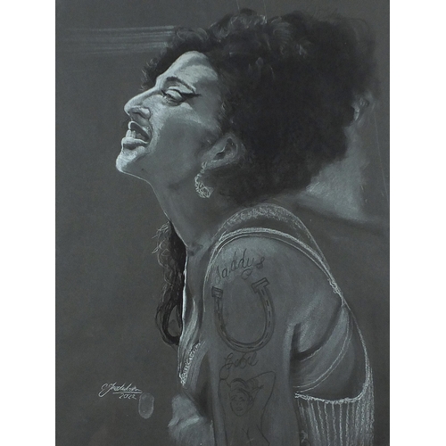 1849 - Clive Fredriksson - Portrait of Amy Winehouse, charcoal and chalk, framed and glazed, 61cm x 46cm ex... 