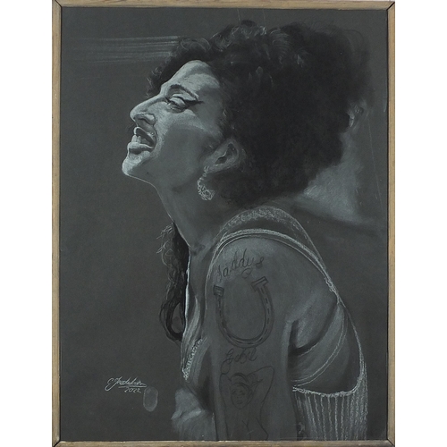 1849 - Clive Fredriksson - Portrait of Amy Winehouse, charcoal and chalk, framed and glazed, 61cm x 46cm ex... 