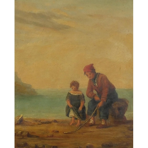 1848 - Attributed to William Collins - Coastal scene with two figures, 19th century oil on board, mounted a... 