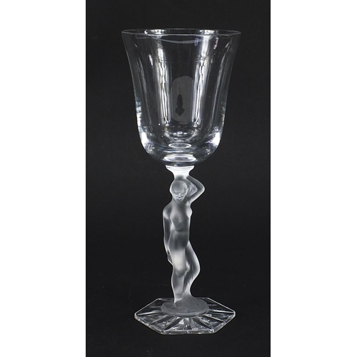 1854 - French crystal wine glass with nude female stem, 21cm high