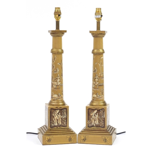 1998 - Pair of Regency style table lamps hand painted in the chinoiserie manner with figures, 59cm high