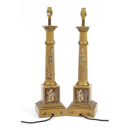 1998 - Pair of Regency style table lamps hand painted in the chinoiserie manner with figures, 59cm high