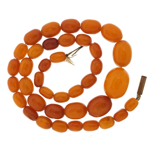 87 - Butterscotch amber coloured bead necklace, the largest bead 2cm in length, 48cm in length, 26.6g