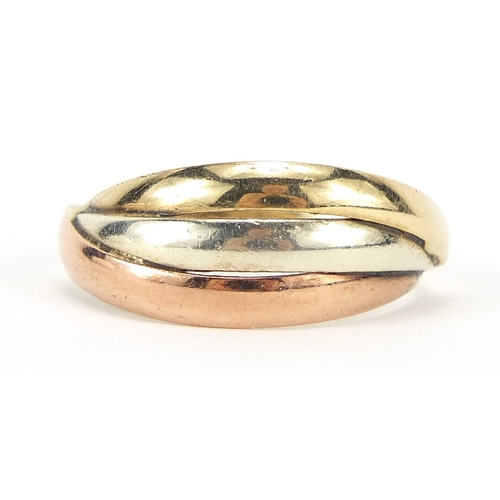 214 - 9ct three tone gold ring, size O, 2.8g