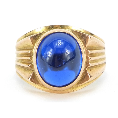 358 - Art Deco 14ct gold cabochon blue stone ring, size N, 5.5g