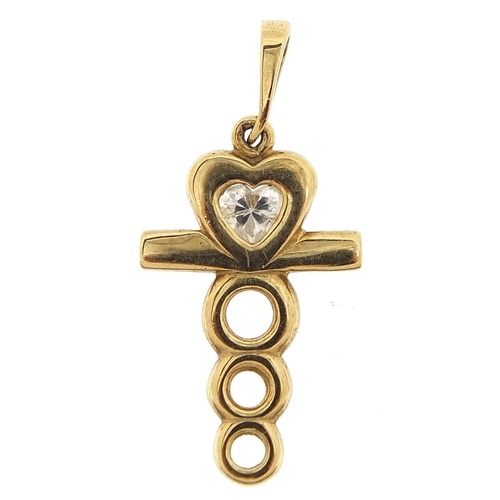 350 - 9ct gold clear stone love heart design cross pendant, 2.9cm high, 1.7g