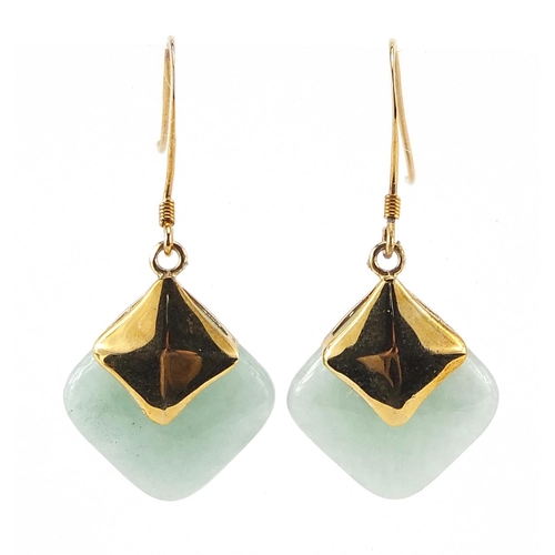 309 - Pair of 9ct gold green jade drop earrings, 3.3cm high, 3.7g