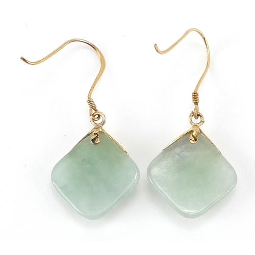 309 - Pair of 9ct gold green jade drop earrings, 3.3cm high, 3.7g