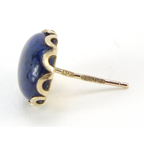 290 - Pair of 9ct gold cabochon lapis lazuli stud earrings, 1.1cm high, 1.3g