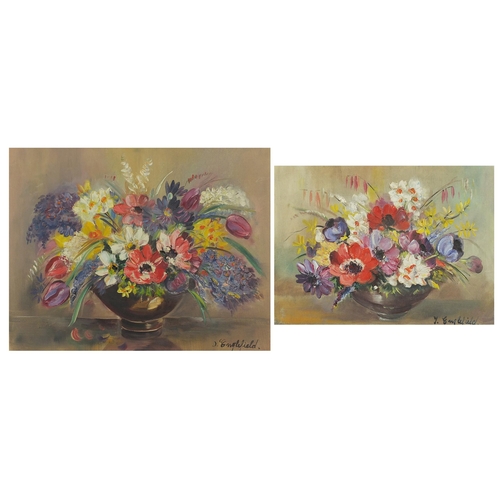 1989 - J Englefield - Still life flowers and vessels, two oil on boards, mounted and framed, the largest 44... 