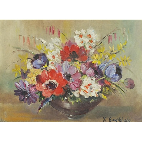 1989 - J Englefield - Still life flowers and vessels, two oil on boards, mounted and framed, the largest 44... 