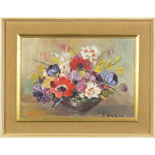 1989 - J Englefield - Still life flowers and vessels, two oil on boards, mounted and framed, the largest 44... 