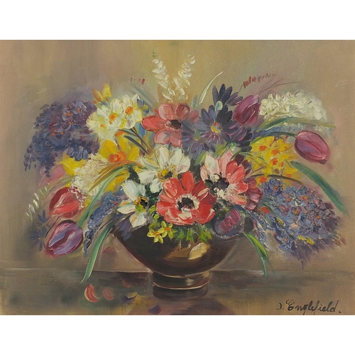 1989 - J Englefield - Still life flowers and vessels, two oil on boards, mounted and framed, the largest 44... 