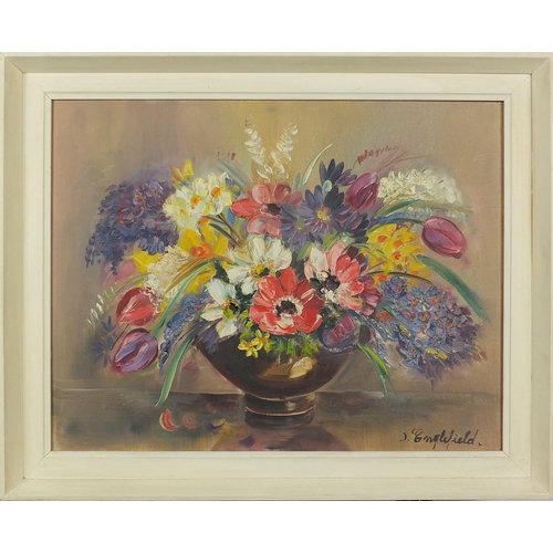 1989 - J Englefield - Still life flowers and vessels, two oil on boards, mounted and framed, the largest 44... 