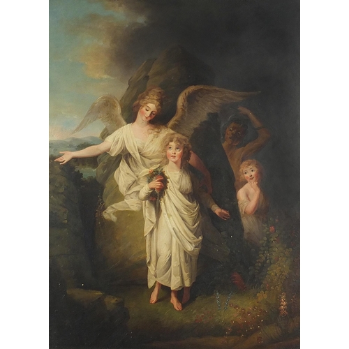 1988 - Angel, Medusa and children, Old Master style oil on board, mounted and framed, 64cm x 47cm excluding... 