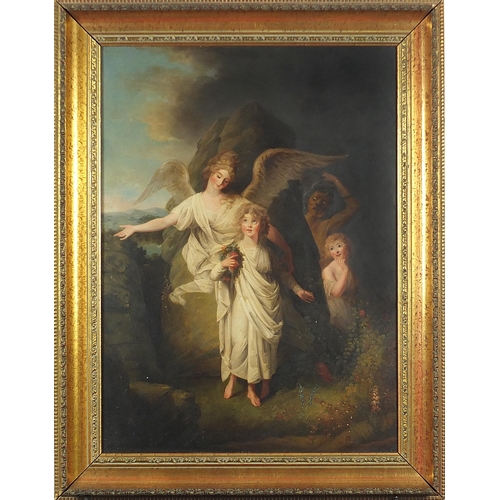 1988 - Angel, Medusa and children, Old Master style oil on board, mounted and framed, 64cm x 47cm excluding... 