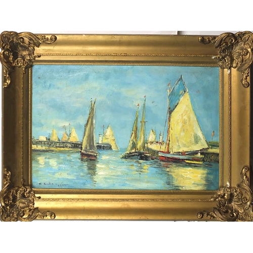 1990 - Harbour scene with moored boats, French Impressionist oil on canvas, mounted and framed, 59cm x 39cm... 